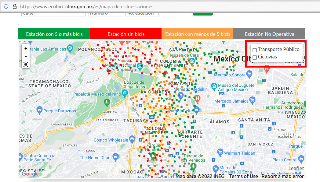El mapa de estaciones de ecobici supuestamente muestra ciclovias / ciclopistas en la Ciudad de México