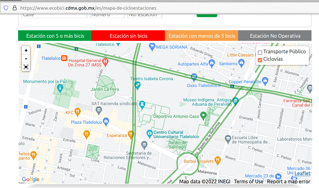 el mapa señala que en Paseo de la Reforma de Norte a Sur  frente a la unidad habitacional de Tlatelolco hay una ciclopista / ciclovía...