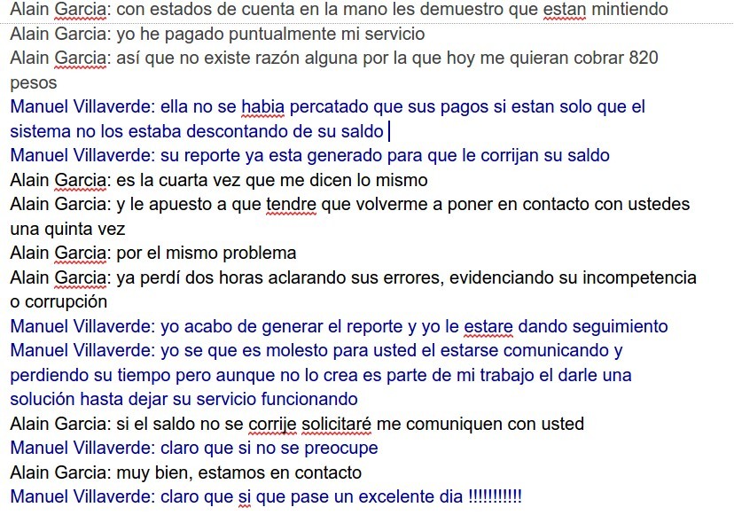 En un chat Manuel Villavede de Televisa / Izzi se compromente a darle seguimiento al caso y solucionarlo 
