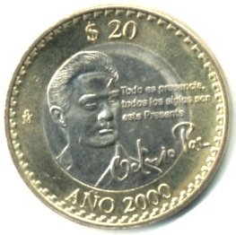 Moneda de 20 pesos Mexico Conmemorativa del Ano 2000 Octavio Paz