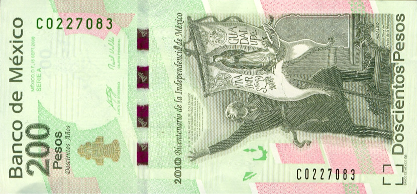 Anverso del billete de 200 pesos conmemorativo del bicentenario de la Independencia de Mexico