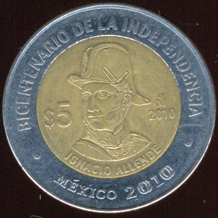 Ignacio Allende Moneda 5 pesos bicentenario