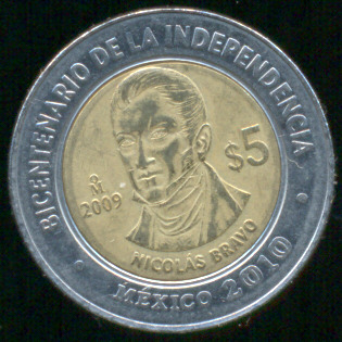 Nicolas Bravo Moneda 5 pesos bicentenario