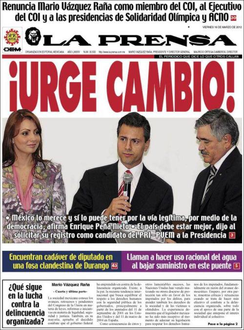 Portada del periodico la Prensa apoyando a Pena Nieto