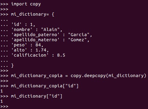 Para copiar  un dictionary  necesitamos importar el módulo / librería COPY y luego utilizamos la función DEEPCOPY