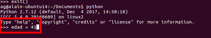 Tras escribir  edad = 41 en la línea de comandos de Python presionamos la tecla ENTER