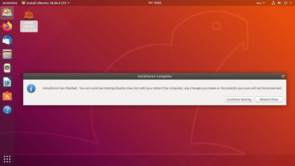 ¡Listo! Ubuntu ha terminado. Solo basta apagar el equipo  y volverlo a prender para que podamos disfrutar de Ubuntu 18